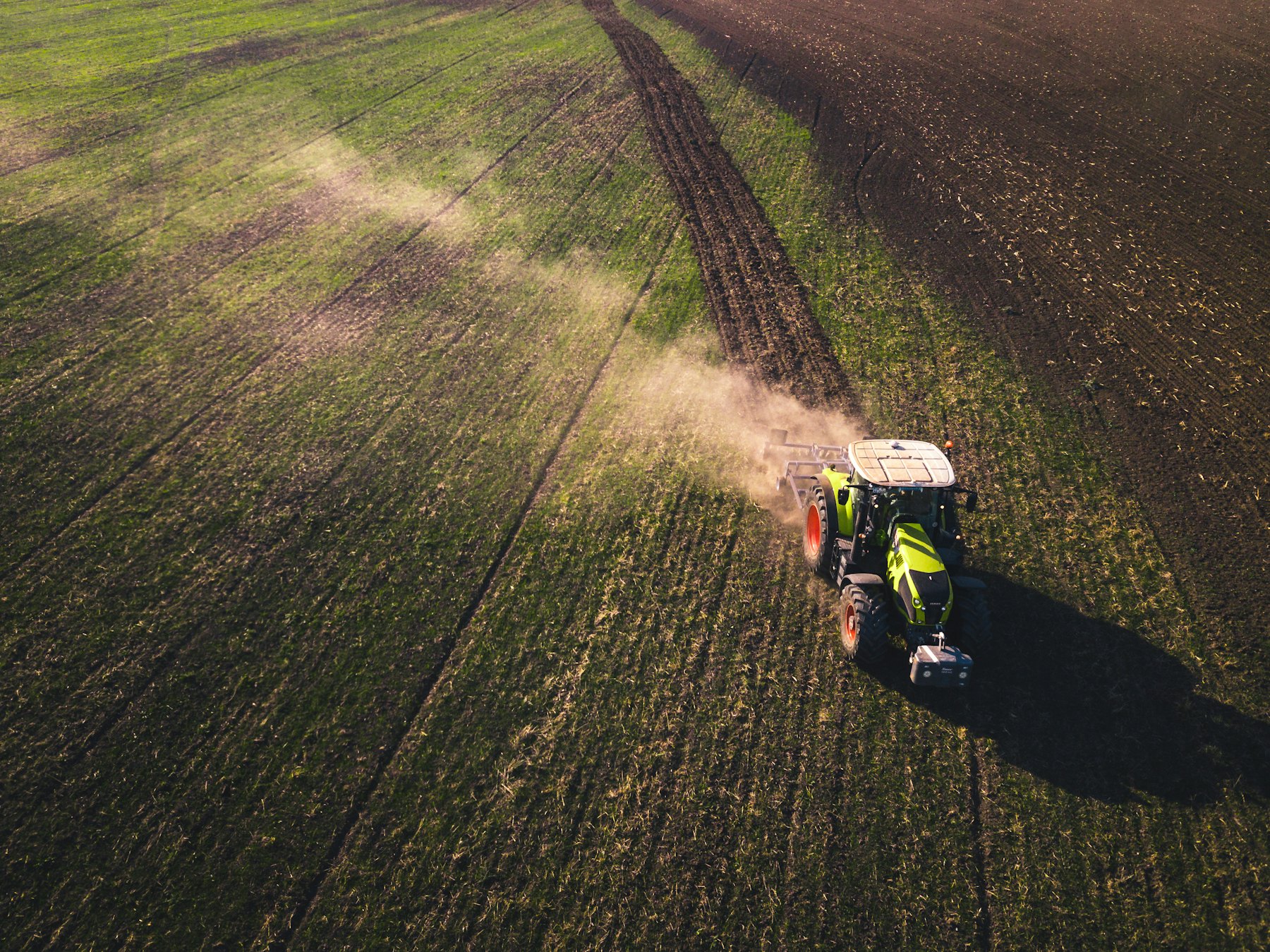 Aerial view of a tractor working a field